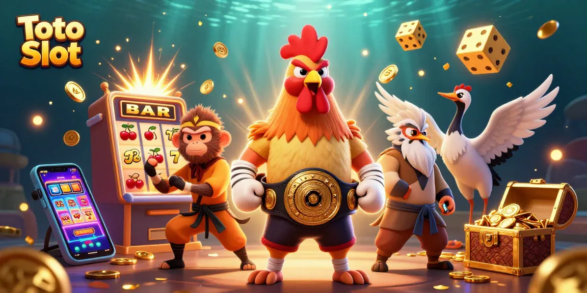 Toto Slot gaming scene featuring vibrant characters and dynamic casino elements exploding with jackpots.