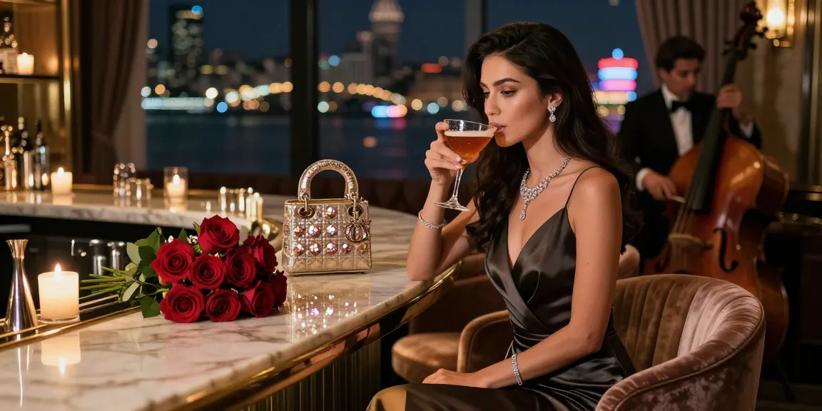 Beylikdüzü escort ortamında şık giyimli bir kadının lüks bir barda oturduğu görüntü.
