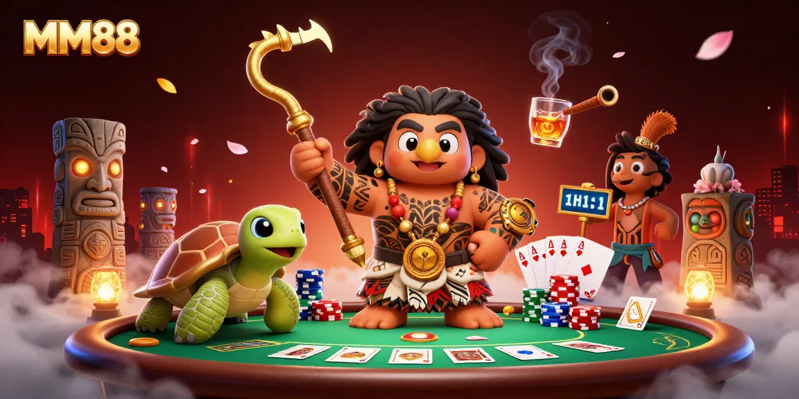 MM88 showcases a dynamic poker scene with a demigod and turtle, highlighting thrilling gameplay.