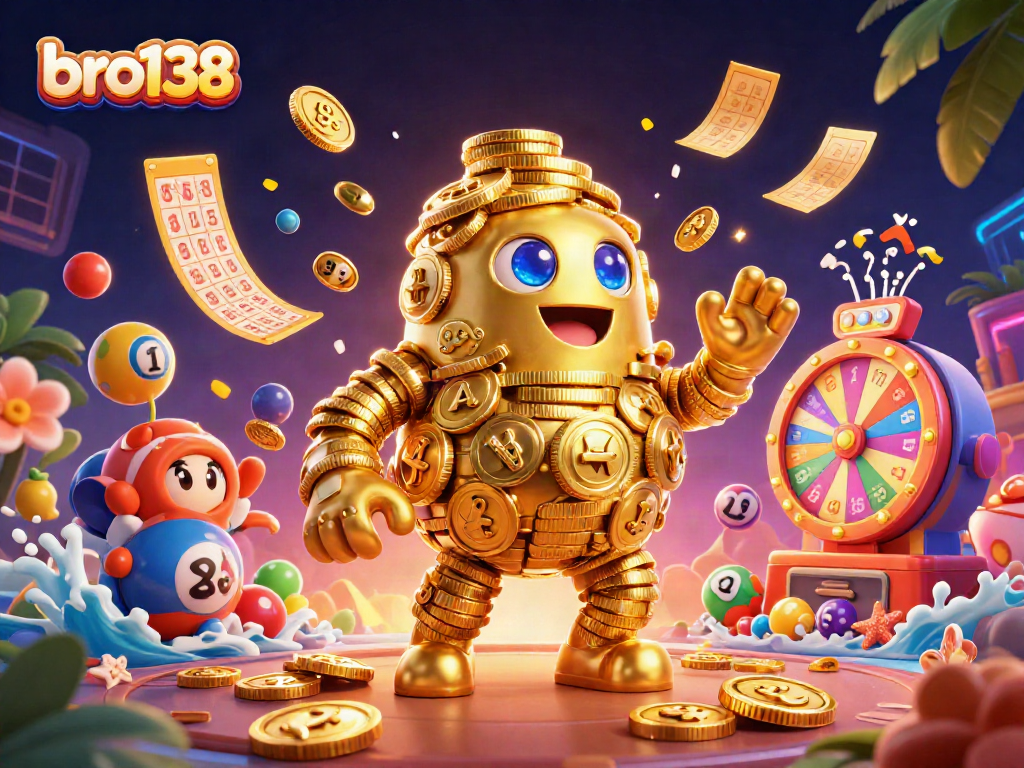 Engage with bro138 in this vibrant lottery scene featuring a golden golem and interactive game elements.