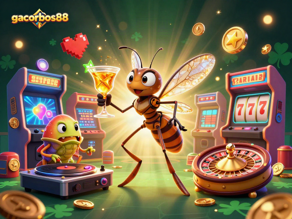 Experience excitement with gacorbos88 in a vibrant 3D casino scene filled with games and action.