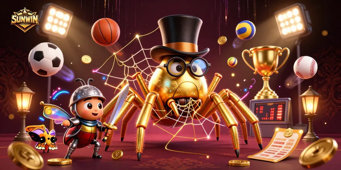 SUNWIN showcases dynamic sports betting with a golden tarantula, beetle knight, and vibrant game elements.