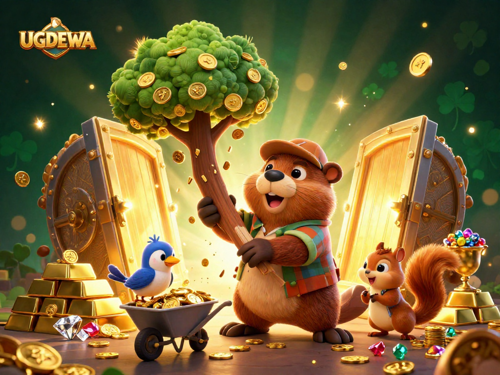 UGDEWA invites players to enjoy a rich casino experience with vibrant 3D characters surrounded by treasure.