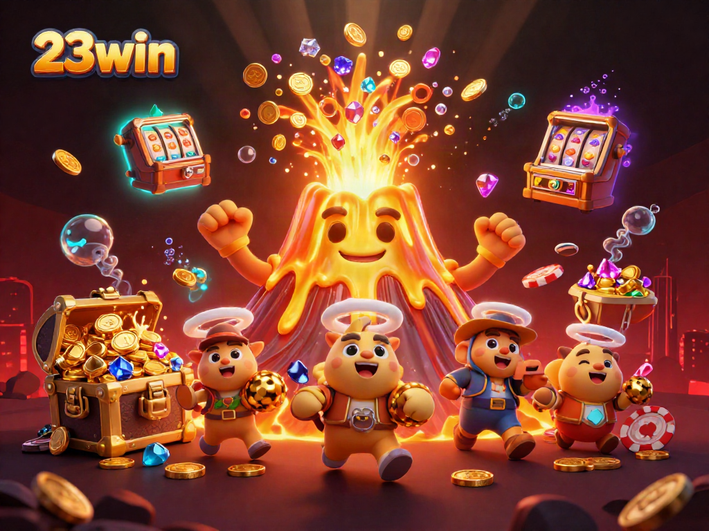 Experience the thrill of 23win with a vibrant 3D illustration of golden treasures and adventure in gaming.