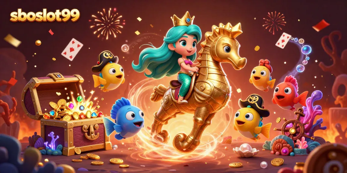 sboslot99 showcases an enchanting scene of a mermaid princess with a giant seahorse amidst vibrant casino-themed elements.