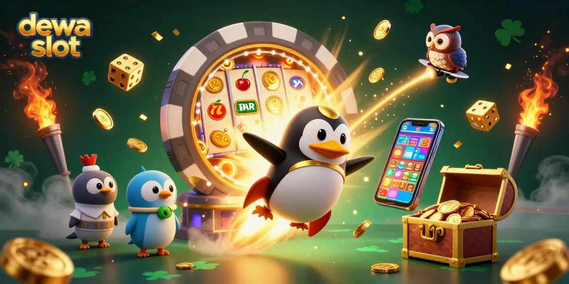 Engage with dewa slot action featuring a golden penguin rocket and jackpot excitement in an animated casino universe.
