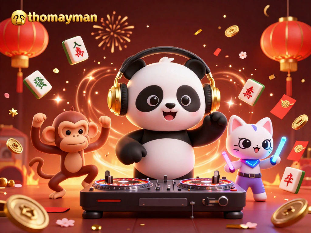 thomayman showcases a lively 3D casino scene with a DJ panda, breakdancing monkey, and glow-stick kitten amidst vibrant gambling elements.