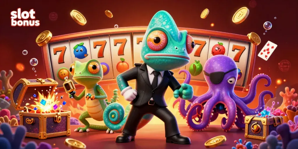 Experience thrilling slot bonuses in vibrant 3D with animated chameleon, gadget gecko, and an eye-patch octopus.