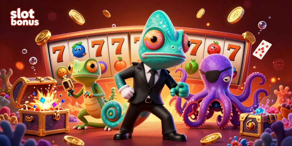 Experience thrilling slot bonuses in vibrant 3D with animated chameleon, gadget gecko, and an eye-patch octopus.