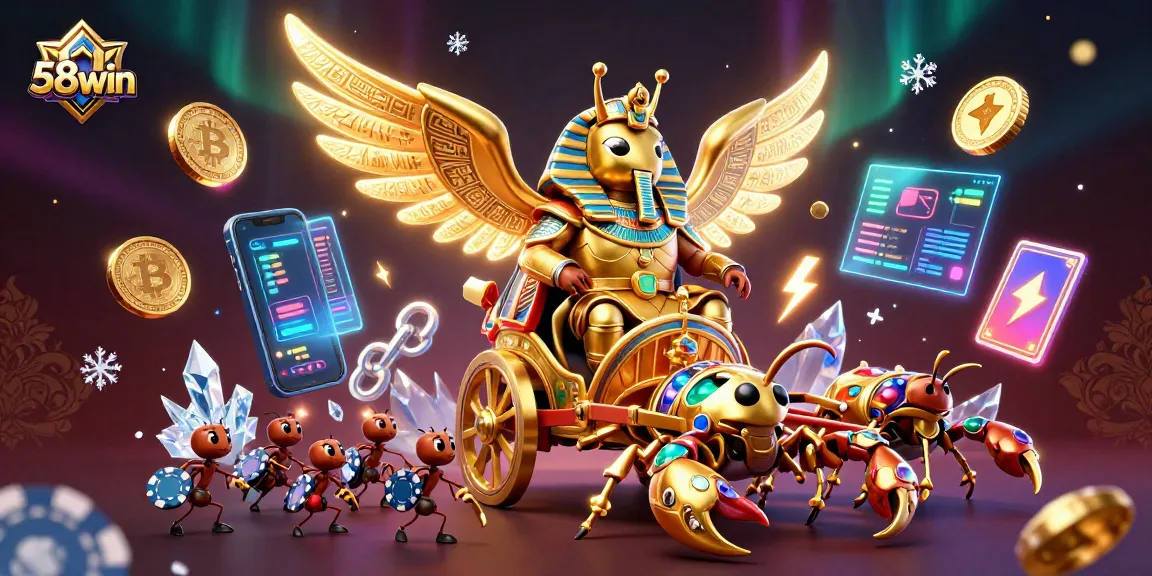Engaging 58win casino scene featuring a golden scarab beetle, exhilarating games, and fun elements.