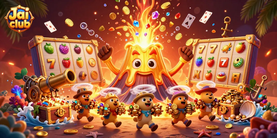 Engage in thrilling gameplay on Jai club with vibrant slot game elements and a triumphant golden volcano.