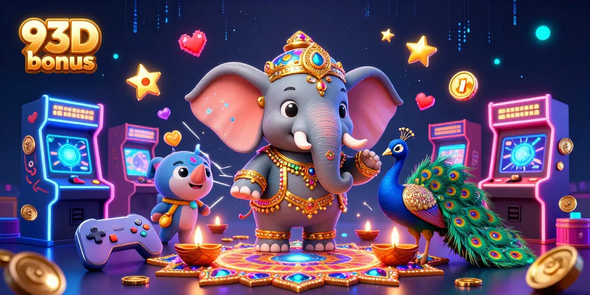 Ganhe bônus no cassino 93D com uma ilustração vibrante de jogos e símbolos, destacando entretenimento online.