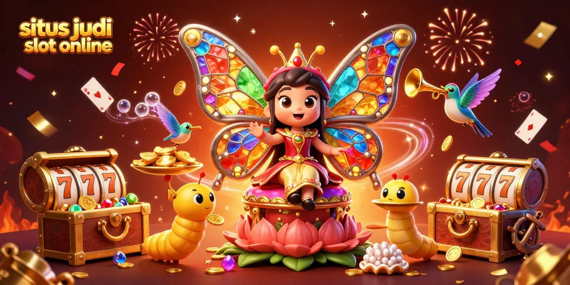 Permainan menarik di situs judi slot online dengan ilustrasi ratu kupu-kupu 3D dan elemen slot yang gemerlap.