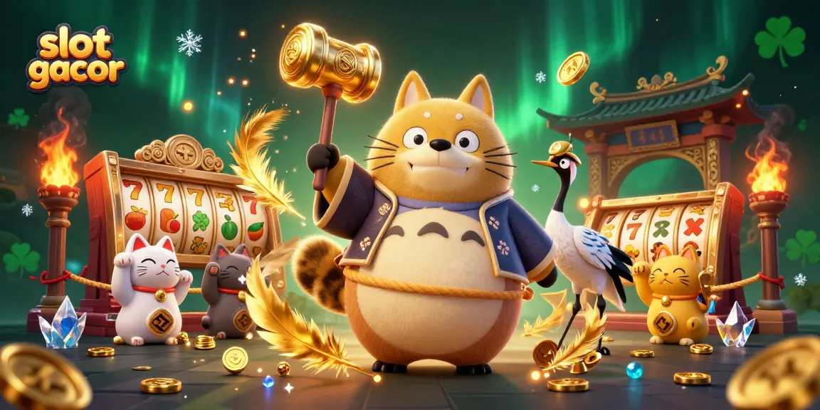 Menginspirasi keberuntungan dengan slot gacor, 3D tanuki ceria, dan kucing keberuntungan di latar belakang.