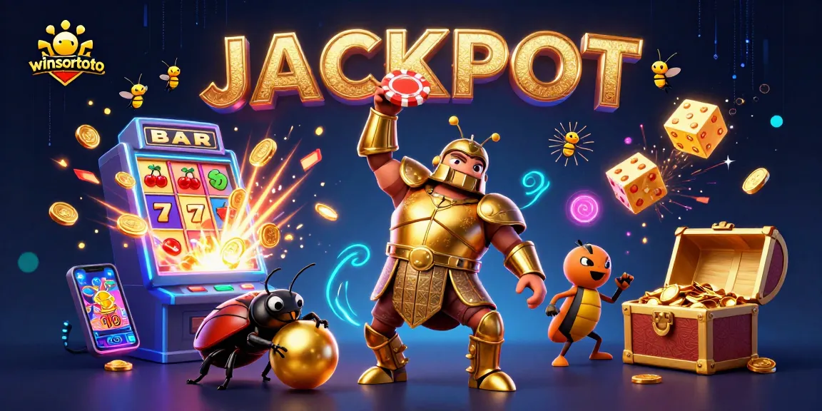 Experience winsortoto excitement with a victorious beetle, jackpot coins, and thrilling game elements.