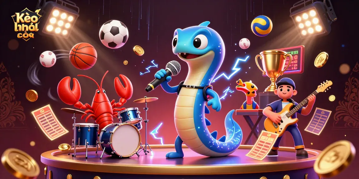Engage with Kèo nhà cái in an energetic underwater casino featuring vibrant characters and dynamic sports elements.