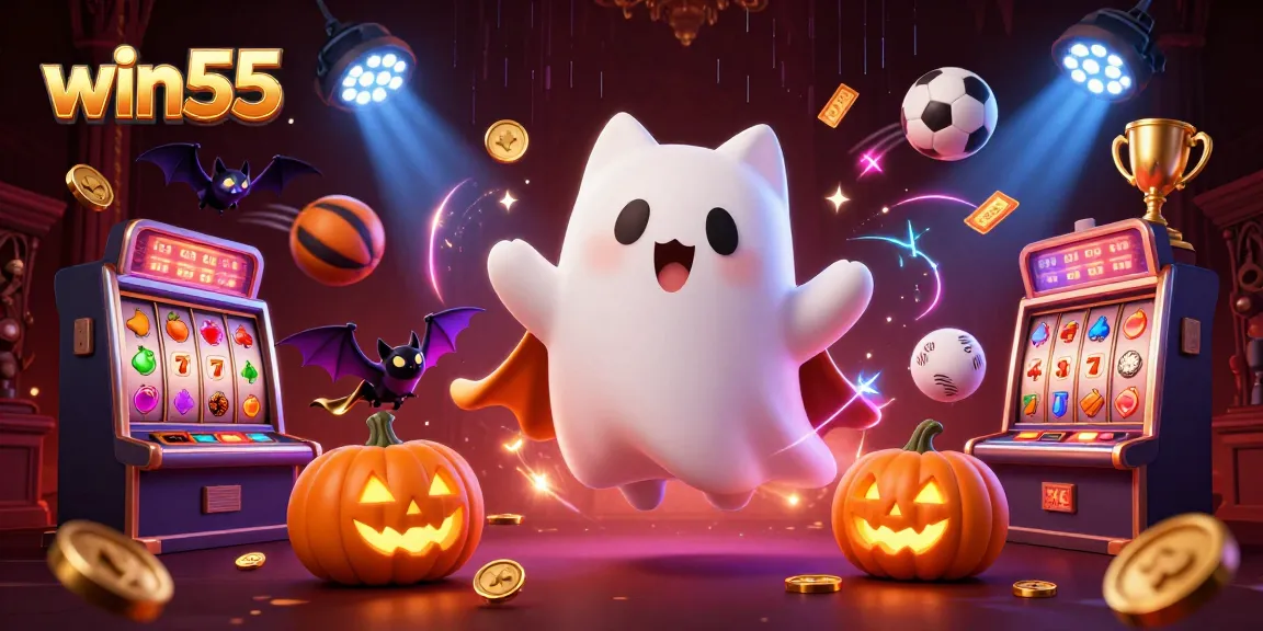 Win55 immersive gaming experience featuring a ghost cat, vampire bat, and slots in a haunted casino.