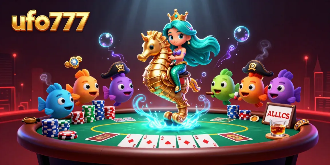 Experience thrilling poker gameplay with ufo777 as a mermaid princess rides her seahorse in a vibrant underwater casino.
