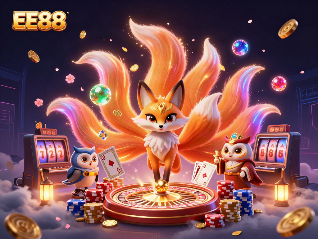 Engage with vibrant EE88 casino illustration featuring colorful characters and dynamic gaming elements.