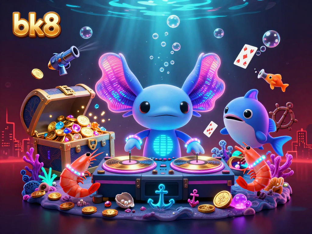 Spin the reels with bk8 in an underwater casino scene featuring vibrant axolotl DJ and gems.