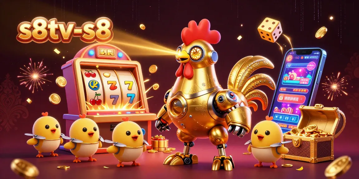 S8tv-s8 showcases a vibrant casino scene with a golden rooster robot and dynamic game elements.
