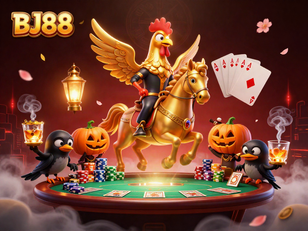 BJ88 features a golden rooster in a mystical casino scene enhanced by colorful poker elements.