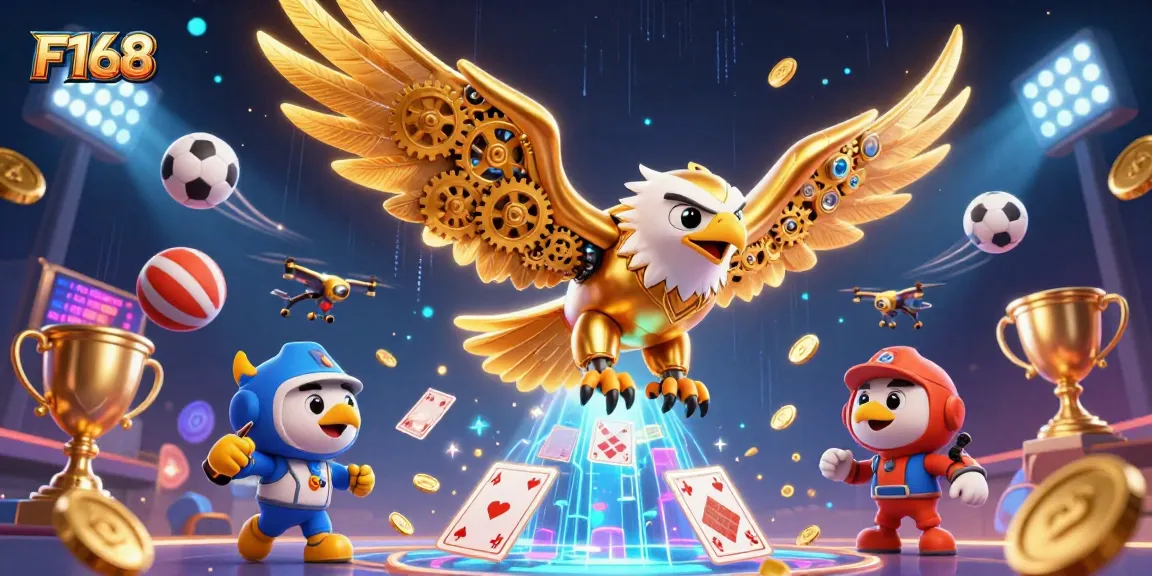 Experience F168's thrilling gaming with a captivating 3D eagle soaring through holographic cards.