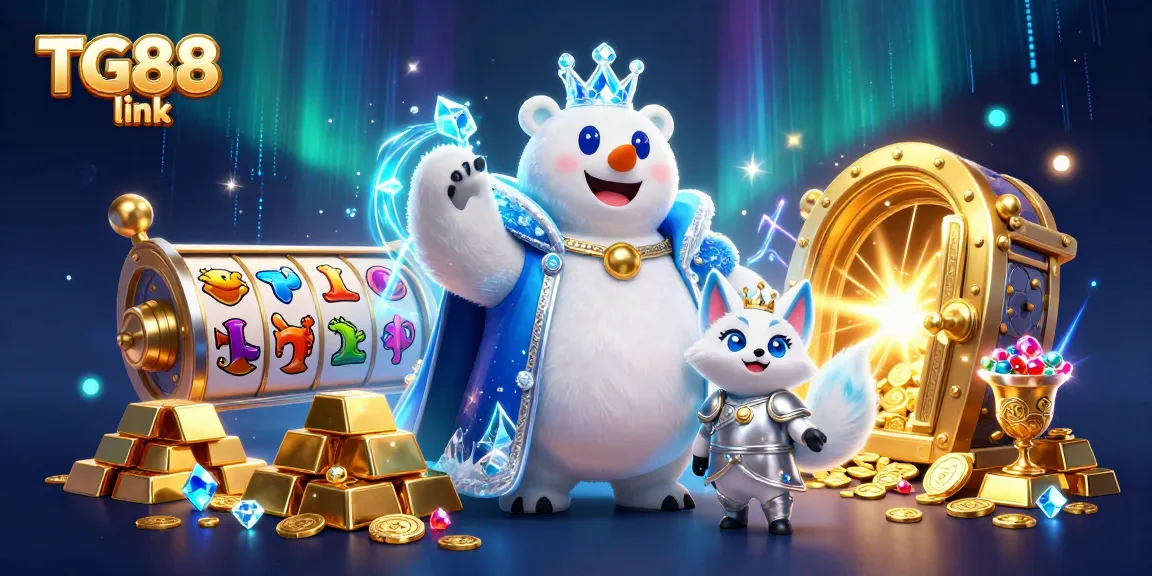 Experience thrilling action at TG88 link with vibrant slot reels and treasure elements surrounding a polar bear king.
