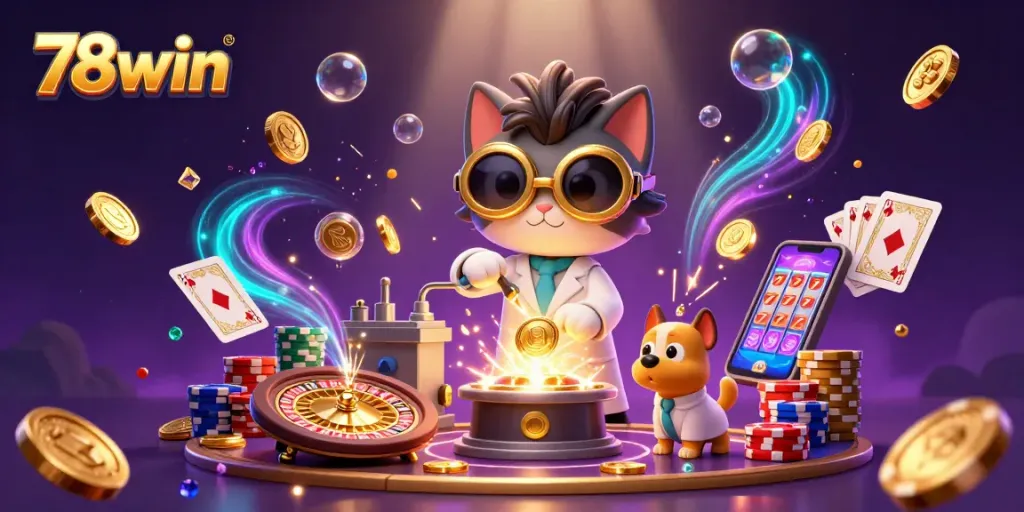Experience thrilling wins at 78win with a fun-filled casino scene featuring a mad scientist and golden coins.
