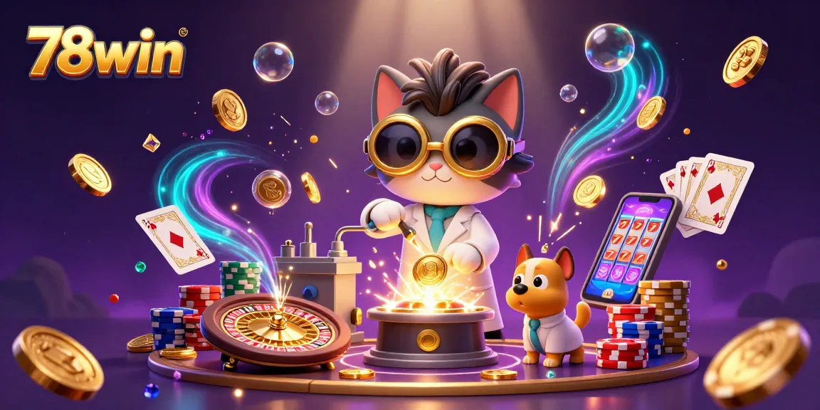 Experience thrilling wins at 78win with a fun-filled casino scene featuring a mad scientist and golden coins.