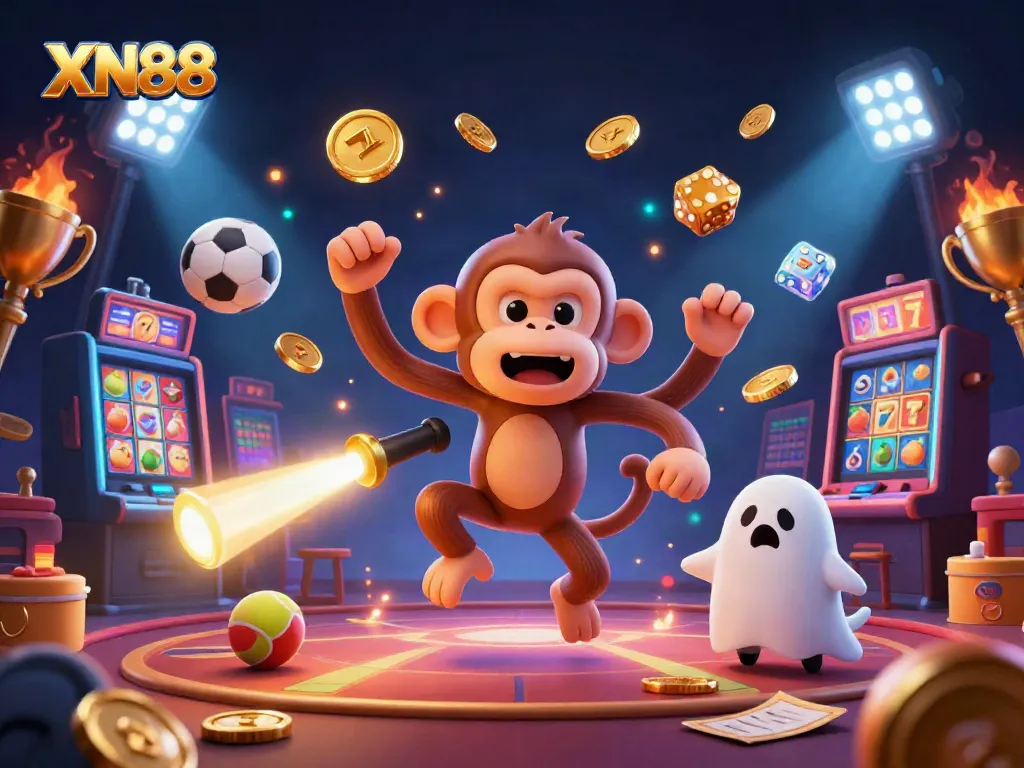 Enter the thrilling world of XN88, where a playful poltergeist monkey juggles golden treasures in a vibrant casino atmosphere.