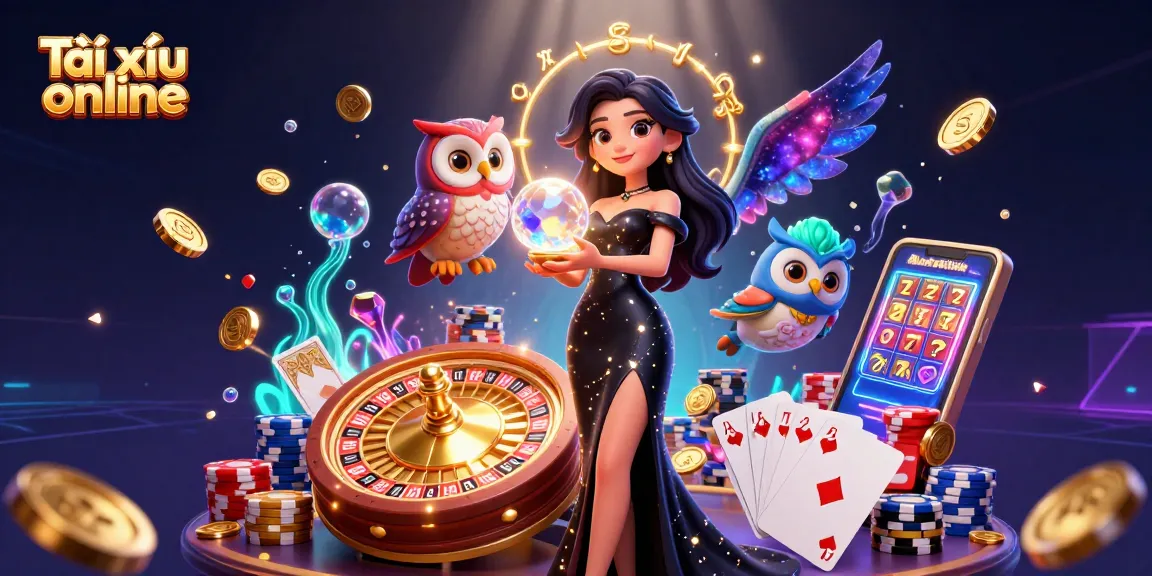 Engage with Tài xỉu online in a dynamic, colorful casino setting featuring a stunning woman and mystical owl