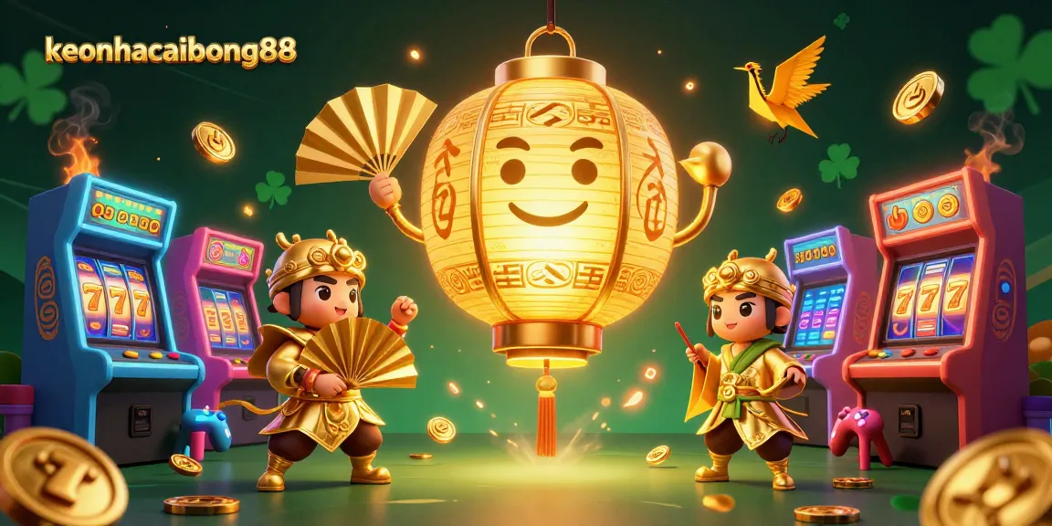 Experience keonhacaibong88 gaming excitement with golden lanterns and vibrant slots in a dynamic casino scene