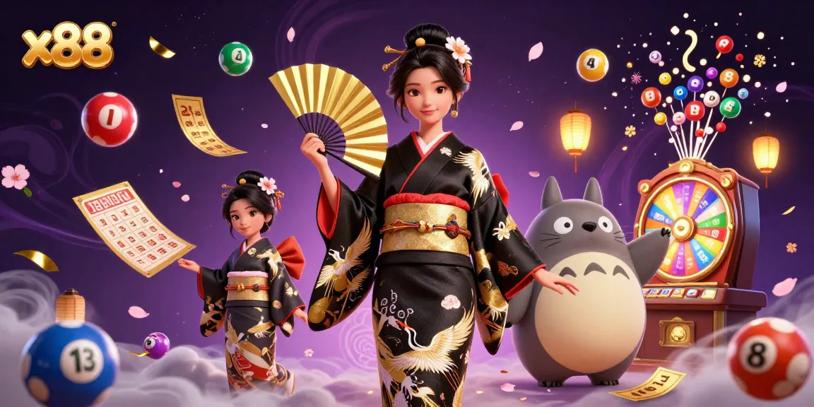x88 presents an enchanting scene with a graceful woman in a black kimono and a wise tanuki amidst dynamic lottery elements, enhancing your gaming experience.