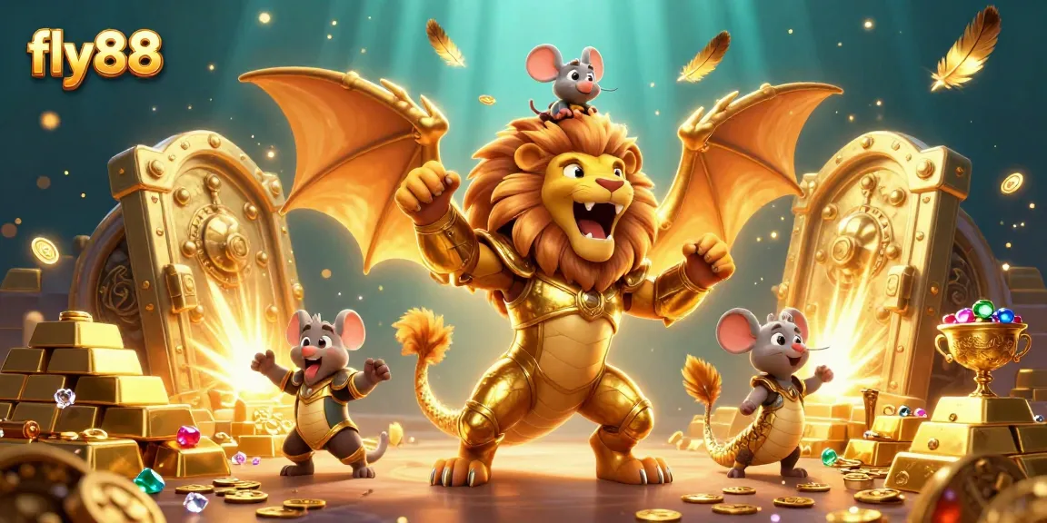 Experience the thrill of winning at fly88 with a majestic chimera and treasure bursting in a vibrant casino scene.
