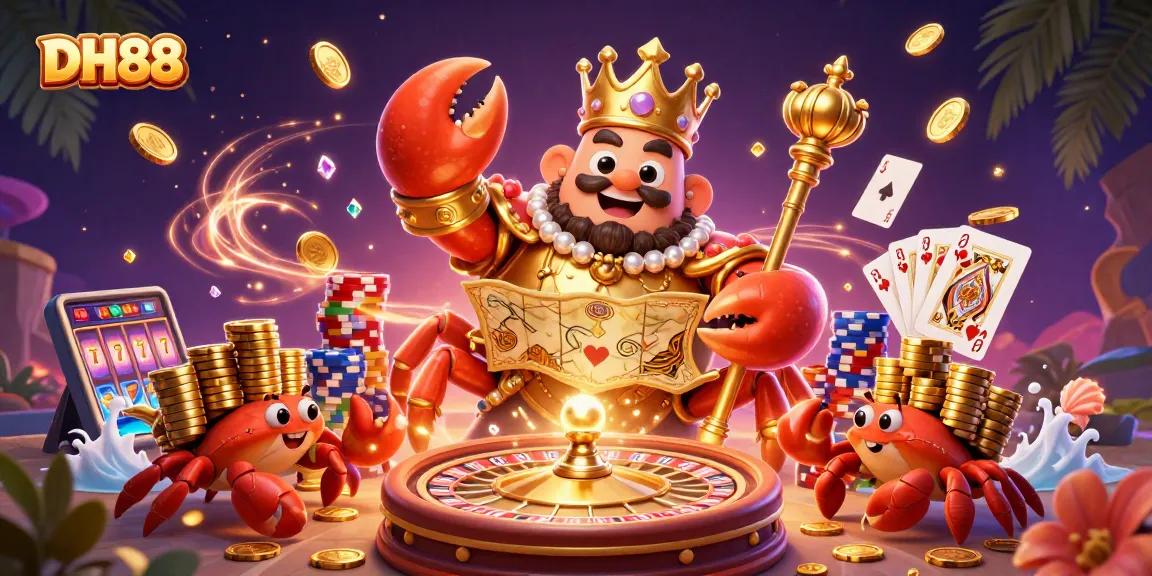 Engage with DH88's vibrant gaming scene, featuring a golden crab emperor amidst casino action.