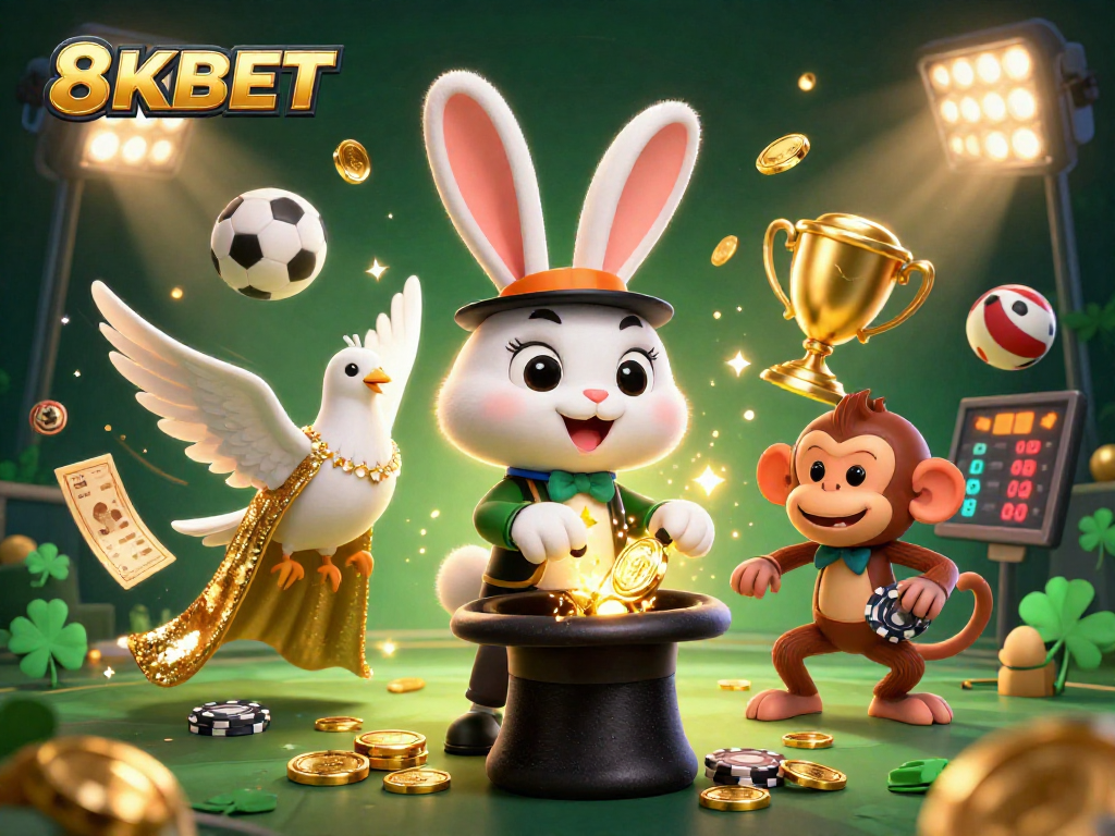 Bet with 8KBET to win big! Cartoon magician reveals golden coins in an exciting casino scene.
