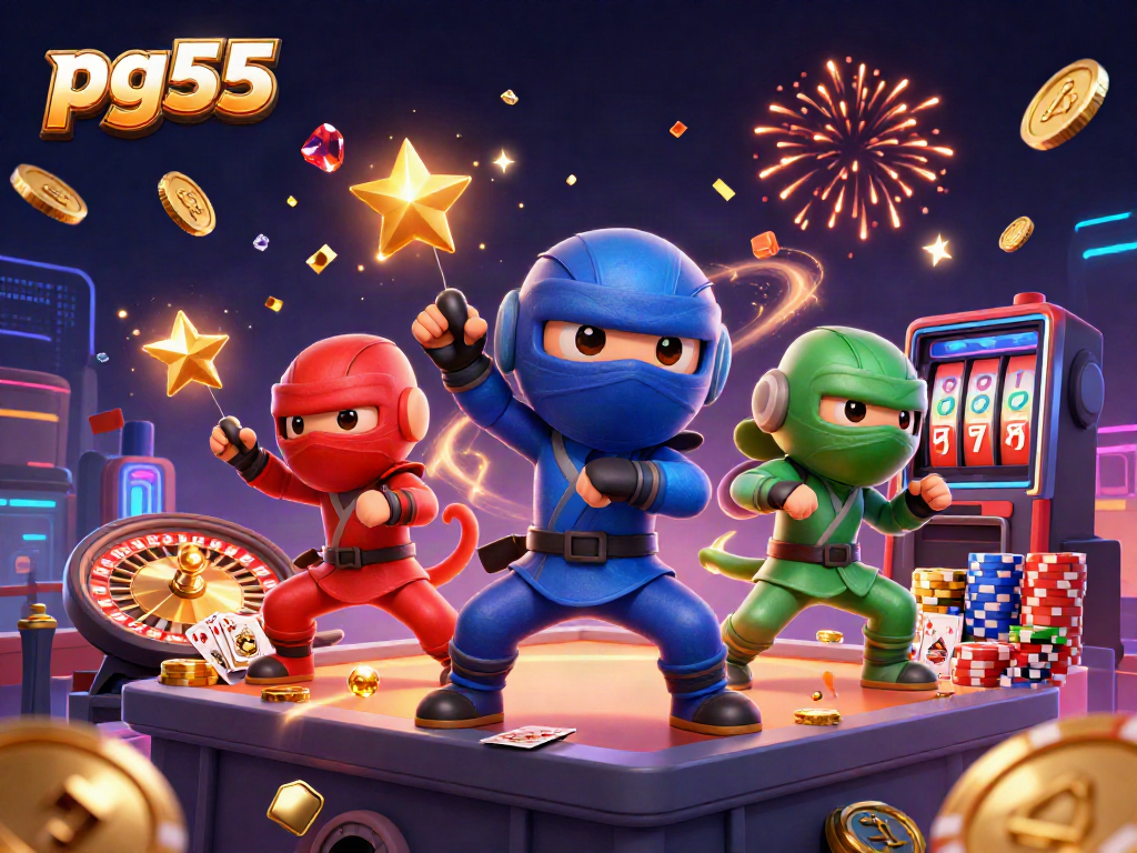 Experience exhilarating gameplay at pg55 with colorful ninja chameleons celebrating wins amidst flying coins and gems.
