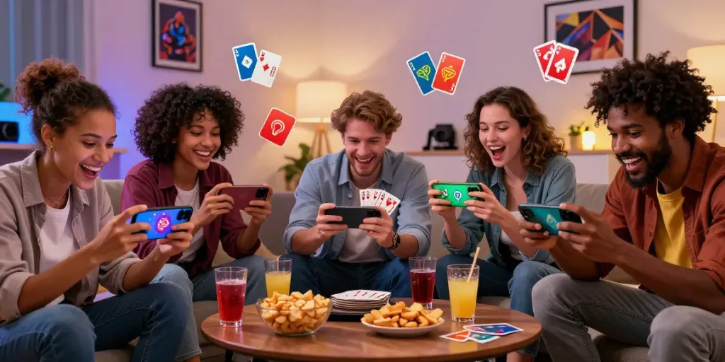 Friends enjoying a competitive game of 3 Patti No1 on smartphones in a cozy living room.