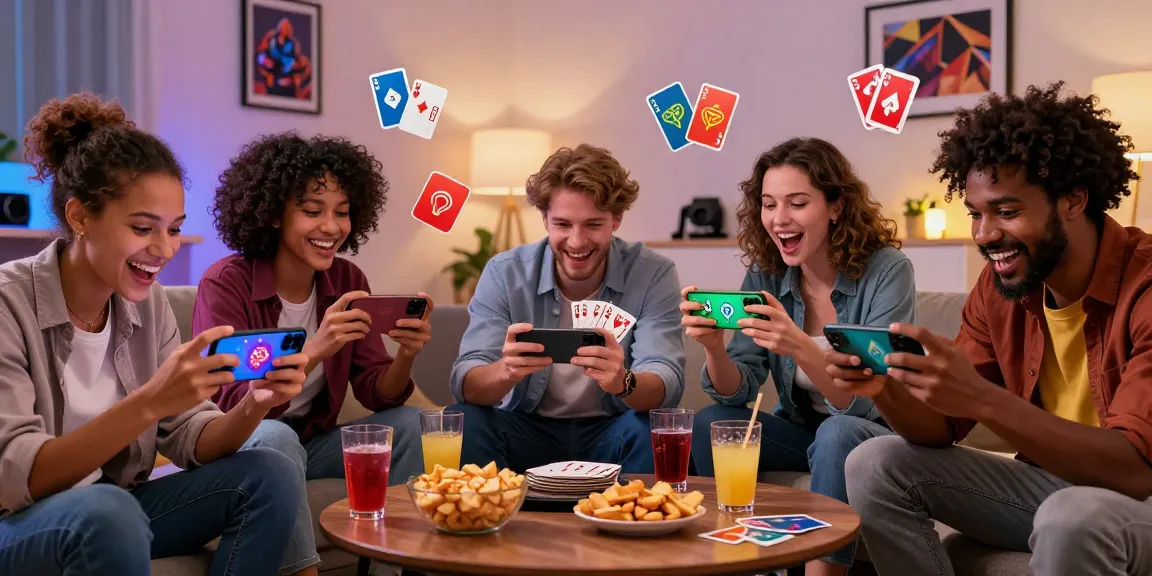 Friends enjoying a competitive game of 3 Patti No1 on smartphones in a cozy living room.