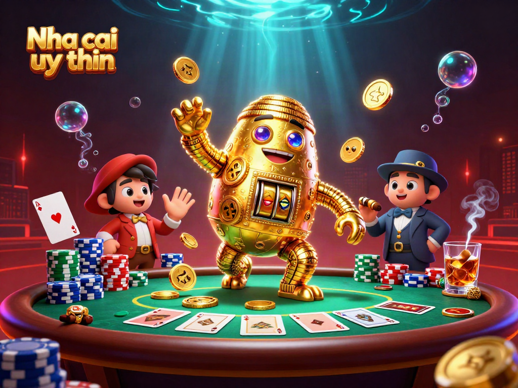 Nha cai uy tin showcases a mesmerizing golden golem amidst a vibrant online poker gaming scene.