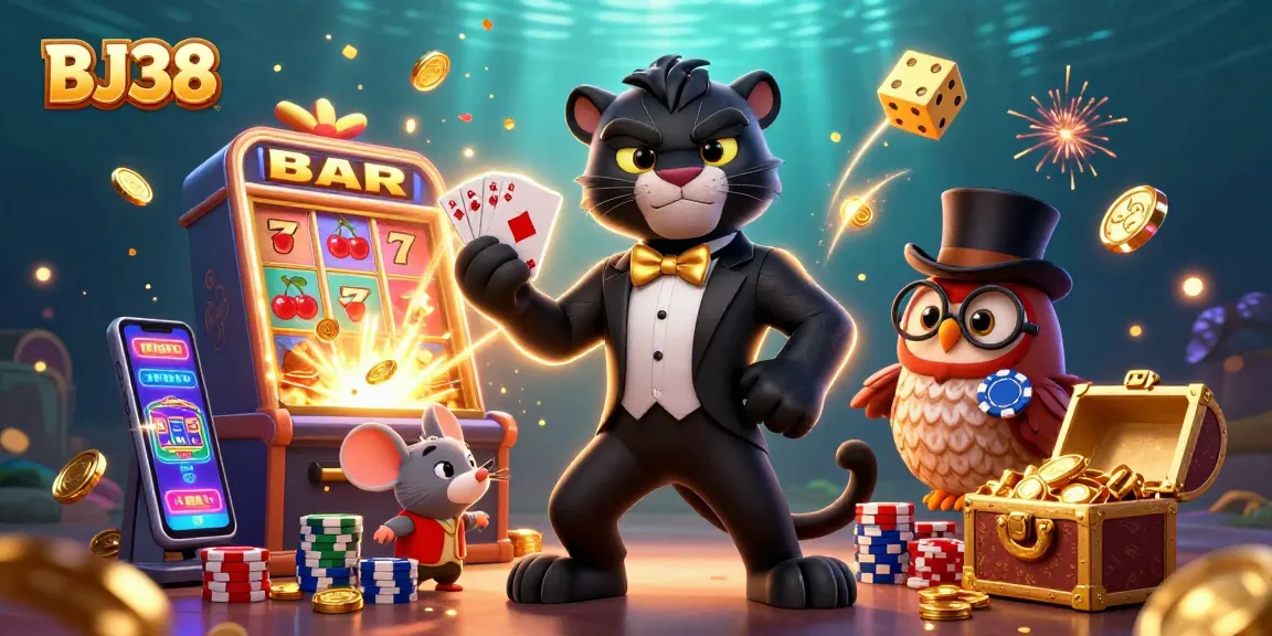 Engage in thrilling gameplay with BJ38, featuring a stylish panther dealer and lucky companions in a vibrant casino setting.