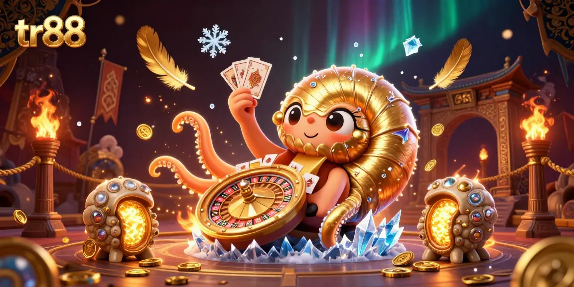 Play exciting games at tr88, featuring a vibrant 3D scene showcasing casino elements, cards, and luxurious details.