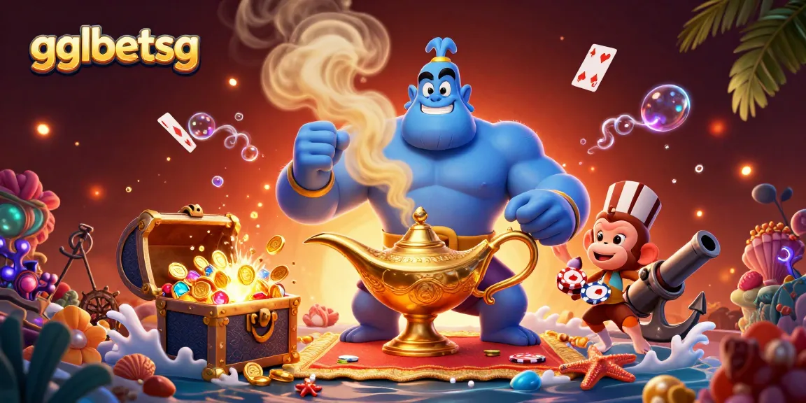 Engage in thrilling action with gglbetsg as the genie emerges from a magical lamp among casino elements.