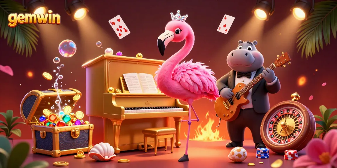 Play and win with gemwin, featuring a lively casino scene with a flamingo singer and hippo bassist.