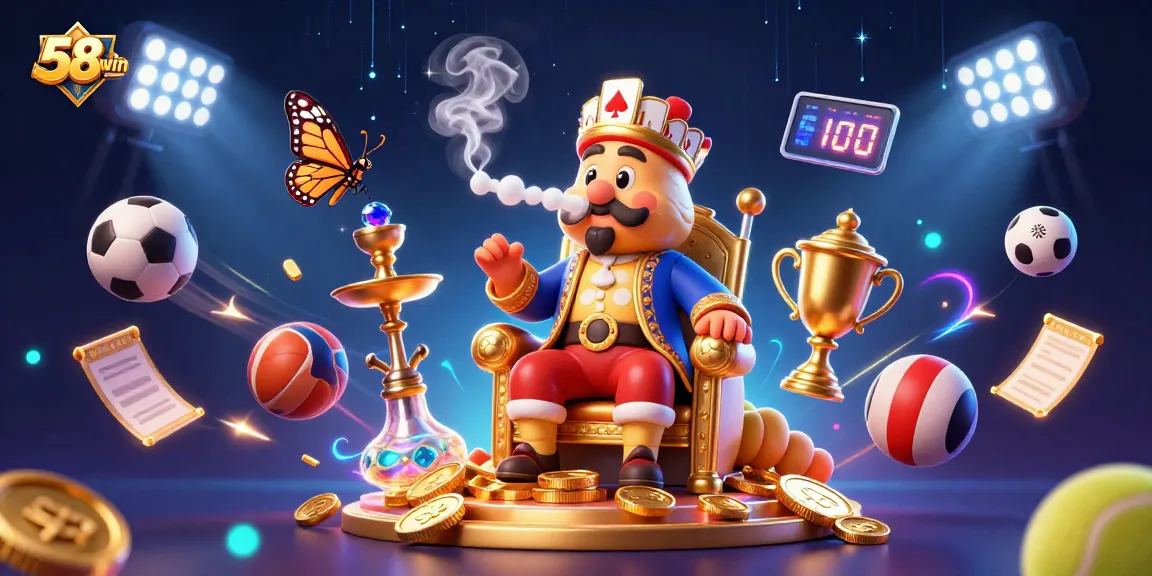 Experience dynamic betting action with 58win's vibrant gambling scene featuring sports elements and engaging characters.