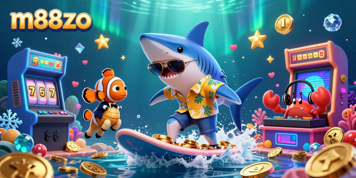 Win big at m88zo with this vibrant 3D illustration featuring casino elements like slot reels and gold coins.