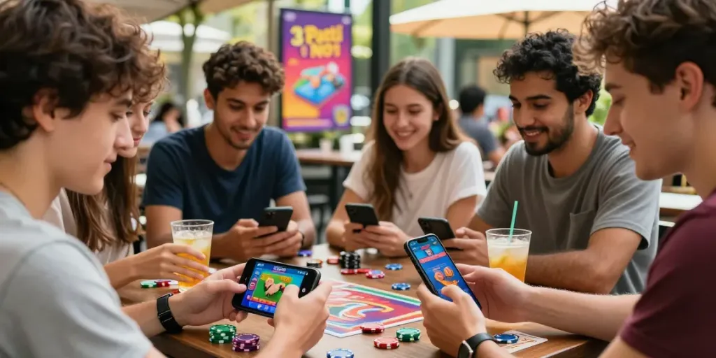 Young adults enjoying the 3 Patti No1 mobile app at a café, showcasing vibrant gaming joy.