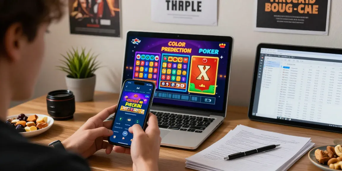 Engaged gamer using jaiclub app in a cozy home with colorful game displays.