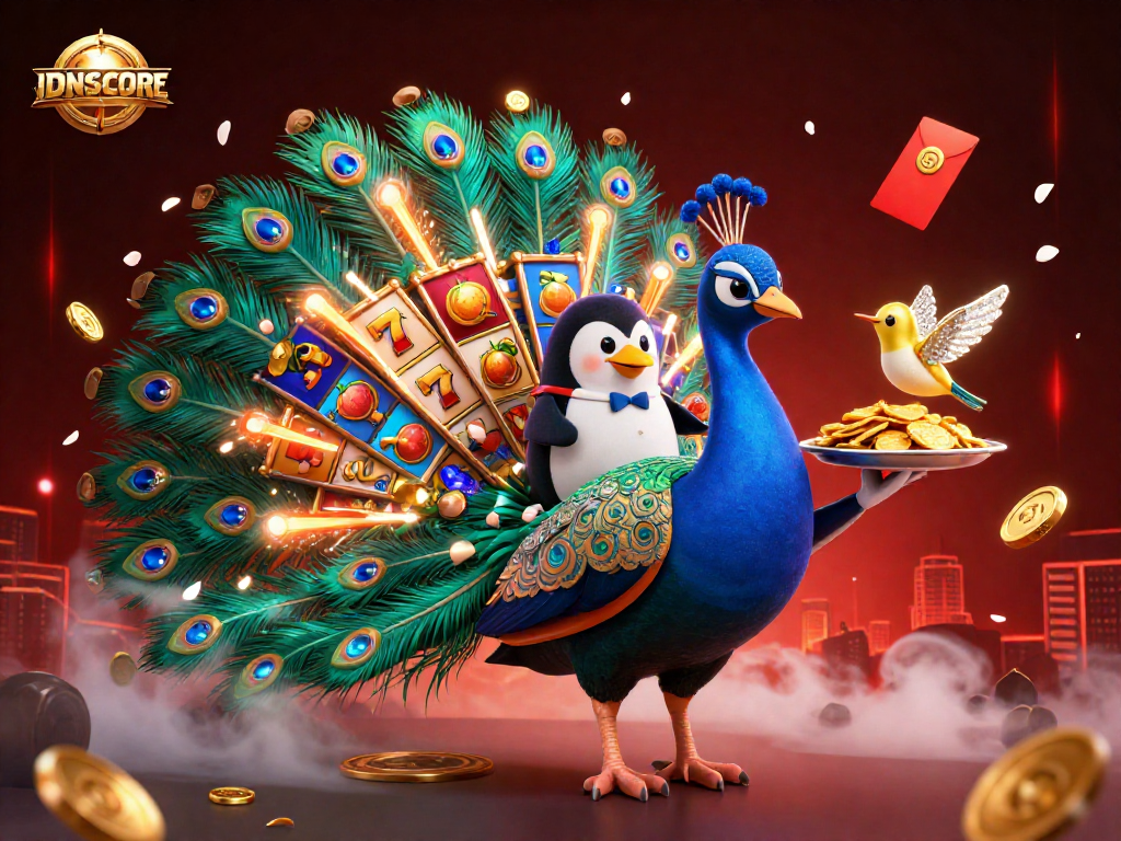 IDNSCORE illustrates dynamic slot gameplay featuring a peacock and companions amid colorful symbols.
